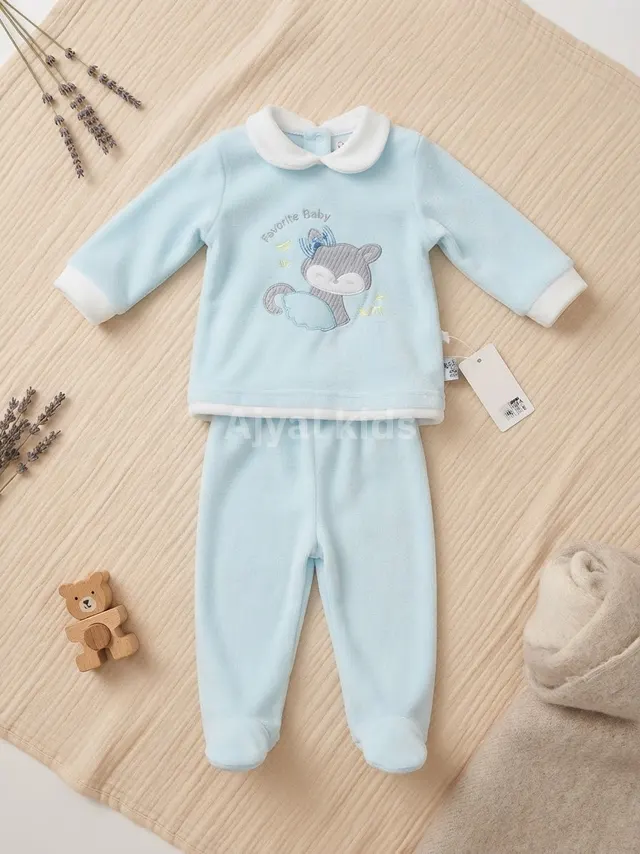 بجامه بيبي مخمل قطعتين بسه لون ازرق